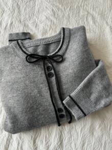 DAZY Women Contrast Color Bowknot Button Front Long Sleeve Casual Knit Sweater Fall - Apricot - View 2