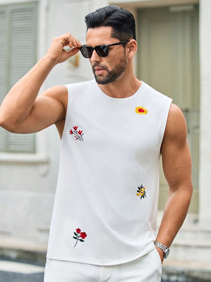 Manfinity VCAY Maiou fără mâneci pentru bărbați, casual, cu broderie florală, potrivit pentru purtare zilnică - alb - Vizualizare 1