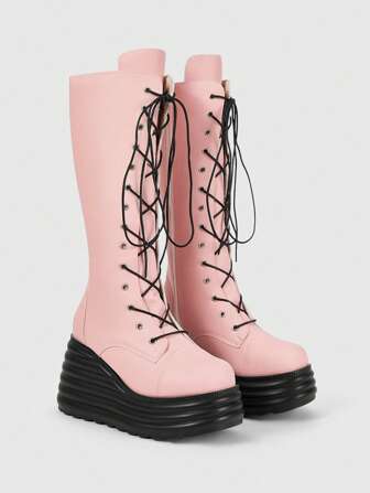 Botas altas hasta la rodilla en color rosa, con diseño de cordones, estilo punk, de puntera redonda y plataforma con cuña