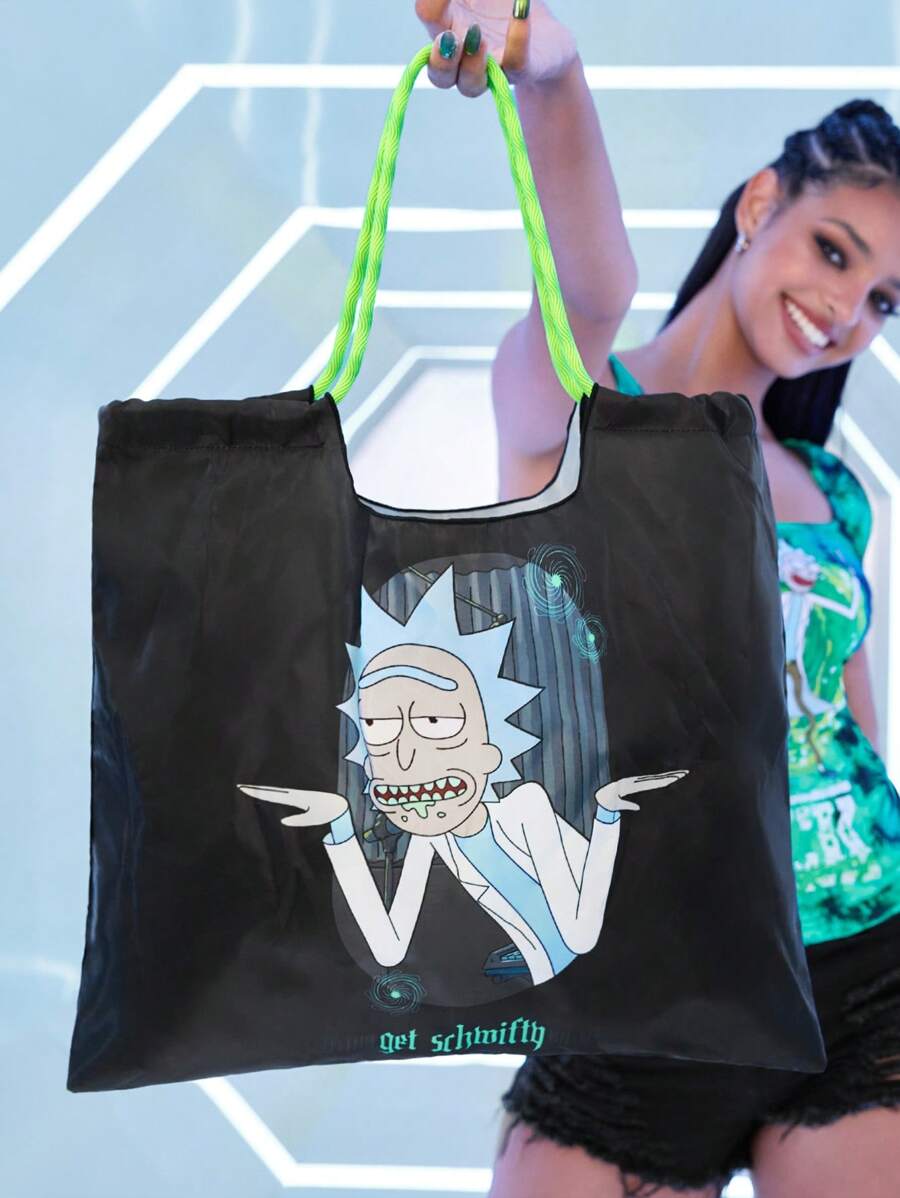 Rick and Morty X SHEIN 1pc Cute Cartoon Character Patterned Drawstring Tote Bag Made Of Polyester Material, Large Capacity, Suitable For Commuting, Shopping, And Traveling, Suitable For Both Ladies And Gentlemen, The Bag Can Be Folded For Easy Storage And Convenient Carrying For Beach - Black - View 1