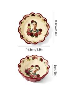 Frida Kahlo X SHEIN 1 pieza Tazón de cerámica con diseño de pétalos, resistente al calor, apto para microondas y lavavajillas, adecuado para cereales, frutas, sopas, etc.