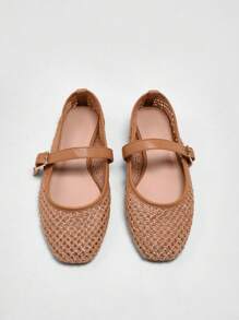 Solezae 女士方头渔夫编织玛丽珍扣带芭蕾平底鞋 - 紫紅色 - 查看 3