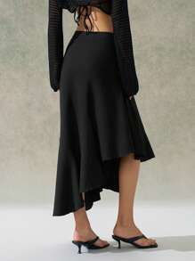 LYSMO 2025 New Arrival Spring-Summer Women's High-End Fashion Black Linen-Textured Midi Skirt Featuring A Ruffled Hem With Asymmetric Design. Perfect For Elegant, Fashion-Forward Styling, And Chic Everyday Office Wear