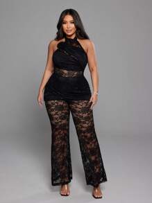 SHEIN LUNE Macacão Plus Size Halter Renda Vazado Floral Elegante Sexy - Preto - Ver 6
