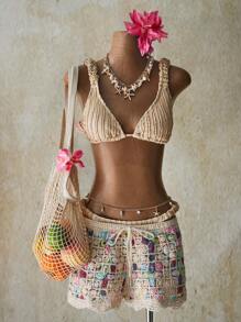 SHEIN ICON 秋冬女士度假休闲彩色镂空针织短裤 - 彩色 - 查看 7