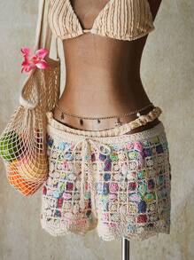 SHEIN ICON 秋冬女士度假休闲彩色镂空针织短裤 - 彩色 - 查看 11