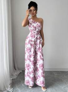Elenzga Tuta elegante senza maniche con design a una spalla stampato