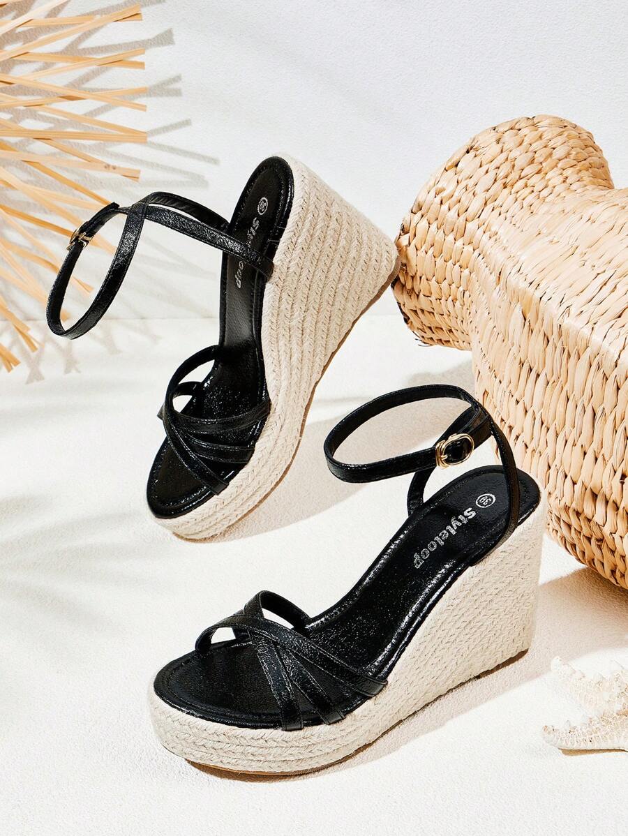 Styleloop Sandalias de cuña de plataforma de cuerda de cáñamo para mujer - Negro - Ver 1