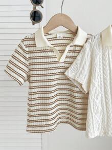 2pcs Young Boy Adorable Casual Summer Striped Short Sleeve Polo Shirt Set, Suitable For Birthday Party, Gala, Performance, Wedding, Christening And School/Vacation Boys Knit Shirt Boys Preppy Tops Boys Textured Short Sleeve Sweater Collar Shirts Kids Vintage Boy Clothes