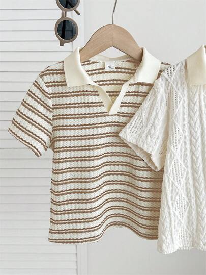 SHEIN 2 件套年轻男孩可爱休闲夏季条纹短袖 Polo 衫套装，适合生日派对、庆典、表演、婚礼、洗礼和学校/度假