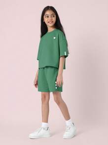 SUMWON 自爱心印花女孩穿搭套装青少年时尚休闲夏季街头服饰 - 綠色 - 查看 2