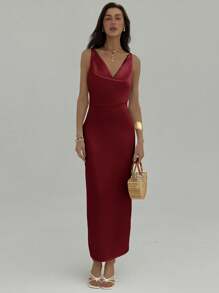 Aloruh 女式纯色垂坠领露背性感吊带裙 - 酒紅色 - 查看 4