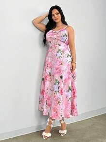 Firerie 浪漫花卉印花吊带连衣裙，腰部有褶，优雅适合情人节、音乐会、演出、约会、正式场合、婚礼、性感、时尚、工作、返校、度假、海滩