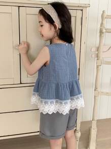 DAZY 2件套女童夏季圆领格子无袖衬衫和纯色休闲短裤套装 - 藍色 - 查看 2
