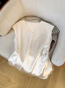 GlowEve Women's Plain Satin V-Neck Pleated Summer Elegant Blouse