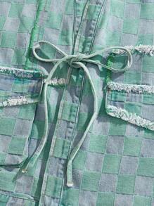 ROMWE MEN Anime 男士棋盘格印花打结口袋休闲短袖牛仔衬衫 - 綠色 - 查看 3