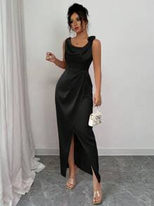 Elenzga Vestido de satén con cintura recogida, sin mangas, estampado floral, abertura alta, elegante y grácil para fiestas de primavera/verano, eventos formales, uso diario