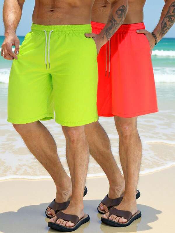 2 buc pantaloni scurți de plajă pentru bărbați, combinație de culori verde neon și portocaliu, vară casual pentru vacanță la plajă