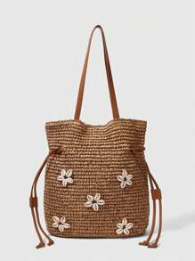 ROMWE Fairycore 1pc Khaki Woven Raffia Tote Bag And Accessories, Fashionable Personalized Beach Resort Style Ladies Handbag
