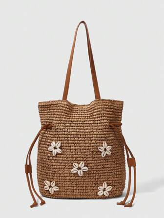 Fairycore 1 pieza Bolso de rafia tejido color caqui y accesorios, bolso de mano de señora de estilo resort de playa personalizado y de moda
