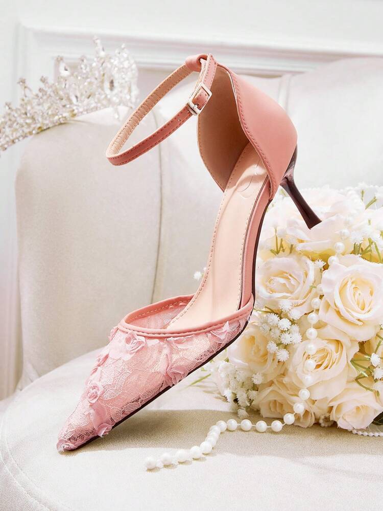 CUCCOO HITCHD Tacones altos de vestido formal elegantes y románticos con bordado floral y punta fina, de malla color rosa melocotón, zapatos para dama de honor, ocasiones de boda/fiesta de cóctel