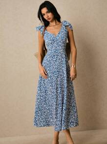 Poéselle Blue Floral Print Dress,Small Floral Dress,Women's Ditsy Floral Sleeveless Knotted Shoulder Maxi Dress, Elegant For Vacation Blue Summer Dress Women Blue Floral Dress Summer Long Dress Women,Suitable For Daily Wear, Going Out, Commuting, Dating, Vacation And Other Occasions,Poeselle