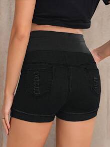 SHEIN Adjustable Waist Hole Decorated Casual Denim Maternity Shorts - Black - View 2