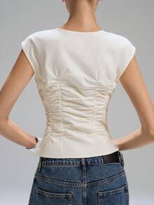 LYSMO 2026 New Arrive Minimalism Spring/Summer  Sleeveless Gathered Poplin Shirt, Everyday Simple Commuting Cream Tops For Women Ruched Top - Apricot - View 2