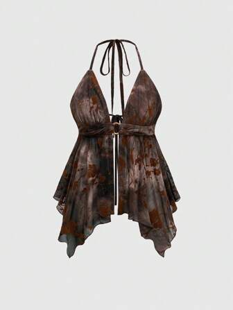 Fairycore Débardeur pour femme au col en V avec dos nu et ourlet irrégulier, style rétro vacances, motif tie-dye et floqué plante