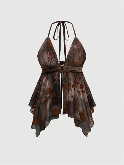 EDITION Chaleco de mujer con estampado tie-dye, cuello en V, espalda descubierta y bajo asimétrico, estilo retro de vacaciones