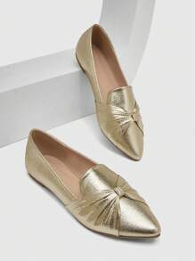 CUCCOO CHICEST Women Shoes Glamorous Gold Comfortable Flat Loafers Knot Decor Point Toe Flat Loafers For Summer Vacation Shoes Summer Back To School Shoes College Student Shoes Spring Shoes Spring Break Easter