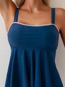 Swim Lushoire Women's Summer Resort Casual Beach Wear Solid Color Teal Two Pieces Sleeveless Camisole & Bikini Elegant Swimsuit Set