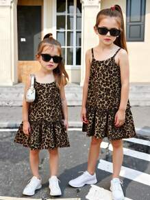 SHEIN Vestido de tirantes estampado de leopardo tejido para niña joven - Caqui - Ver 2