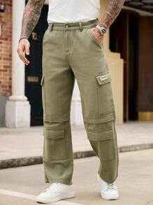 Manfinity Roughcore Men's Letter Patch Cargo Pockets Casual Wide Leg Denim Jeans - Army Green - View 6