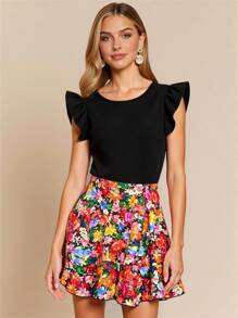 SHEIN Clasi Women Round Neck Floral Printed Color Block Spring Dress,Summer Dresses For Women