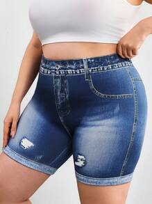 SHEIN CURVE+ 大码女式松紧腰休闲紧身裤，舒适弹力牛仔印花面料，夏季/乡村/海滩度假装/沙滩装/沙滩装 - 藍色 - 查看 5