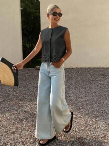 DAZY 女士纯色修身无袖圆领花卉蕾丝边休闲优雅夏季外套背心度假