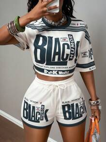 Slaydiva 2025夏季新款音乐节生日派对毕业季学生装日常出游基础百搭休闲度假邮轮旅行沙滩海边日光浴网红爆款街头风圆领短袖宽松短款T恤加宽松短裤赛车服图案印花女两件套