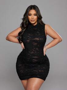 SHEIN LUNE Robe moulante sexy dos nu couleur unie grande taille pour femmes - Noir - Voir 4