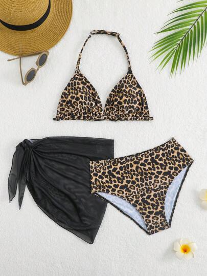 SHEIN 女童可爱碎花三角比基尼搭配网纱裙泳衣套装（随机印花）