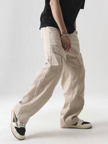 Manfinity Hypemode Quần Jeans Ống Thẳng Nhiều Túi Baggy Thường Ngày Cho Nam, Đa Năng - Màu be - Xem 4