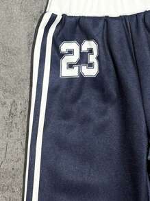 Young Girl Number Print Elastic Waist Loose Wide Leg Sweatpants Fall Winter - Blue - View 3