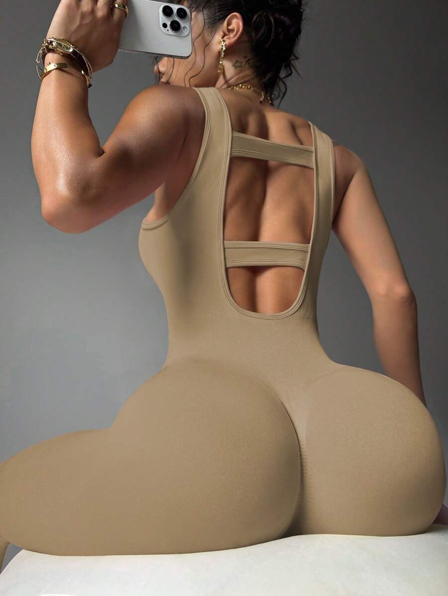 SHEIN Sports 女式纯色露背无袖无缝连体运动裤 - 卡其色 - 查看 1