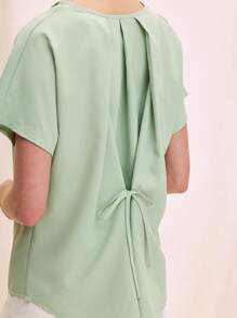 Chiquease Blouse ample décontractée pour femme, en tissu avec plis au dos, lien à la taille, col large et manches chauve-souris - Vert - Voir 6