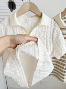 2pcs Young Boy Adorable Casual Summer Striped Short Sleeve Polo Shirt Set, Suitable For Birthday Party, Gala, Performance, Wedding, Christening And School/Vacation Boys Knit Shirt Boys Preppy Tops Boys Textured Short Sleeve Sweater Collar Shirts Kids Vintage Boy Clothes