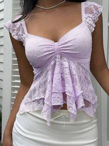 Muchica Elegante maglietta casual estiva da donna con scollo a cuore, maniche a palloncino, ruffle e pizzo viola