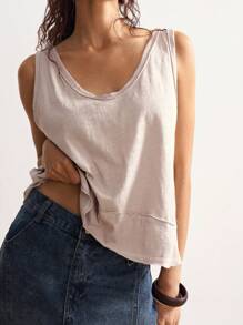 Bohemela Women's Solid Knitted V-Neck Asymmetrical Hem Tank Top Cotton - Beige - View 5