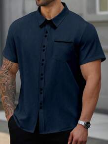 Manfinity CasualCool 男士大码休闲短袖衬衫，夏季男士短袖正装衬衫男士正装衬衫男士纽扣衬衫，适合日常通勤、旅行、度假和外出的多功能单品，送给丈夫和男朋友的礼物，休闲简约风格，都市成熟风格，英伦绅士风格 - 藏蓝色 - 查看 6