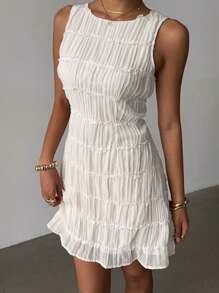 Siren Gaze 女士纯色圆领褶皱迷你连衣裙 - 杏色 - 查看 3