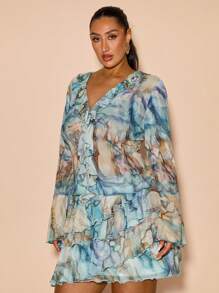 SHEIN BAE Plus Size Women Flounce Marble Print Long Sleeve Sheer Blouse, Elegant Casual Vacation Tops/Long Sleeve Top/Summer Top/Fall Wedding Guest Top Curve/Club Women Sexy/Teacher Plus Size/Halloween Plus Size/Halloween/Airport/Western/Back To School/Birthday Top For Women/Plus Size Top/Holiday/Rave,Fall - Blue - View 7